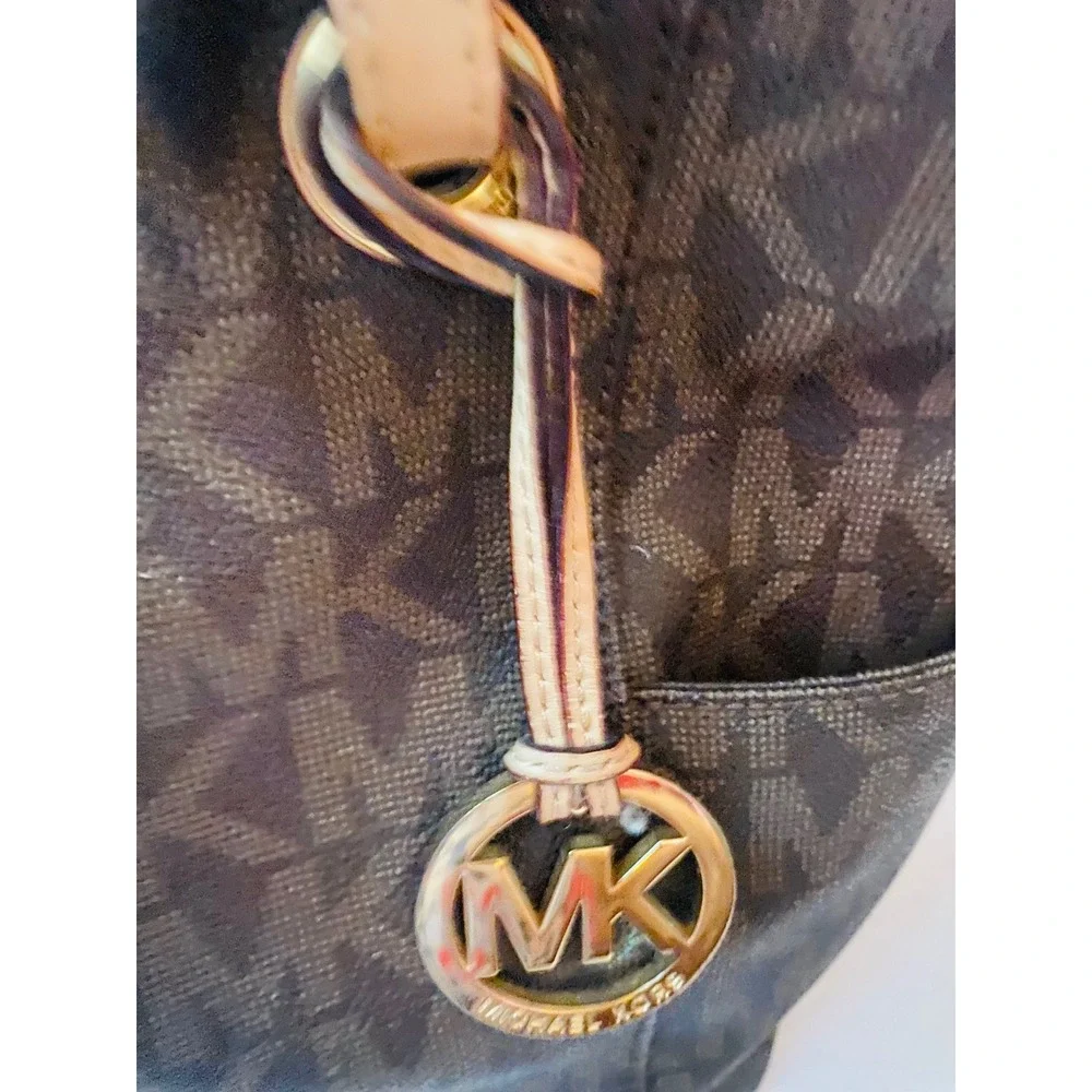 Michael Kors Jet Set Travel Tote Bag Brown Signature Logo MK Gold Hardware